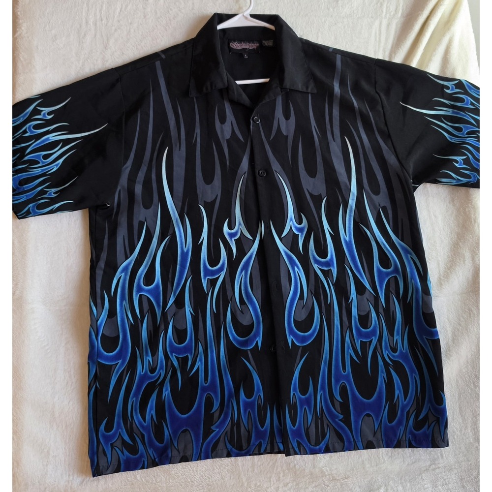 Scripture Clothing Mens L Blue Flame Shirt Y2K Tribal Button Up Black Hot Rod